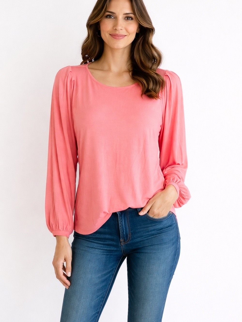 Garnet Hill Melon Pink Tee Soft Tencel Top Small Casual Puff Sleeve